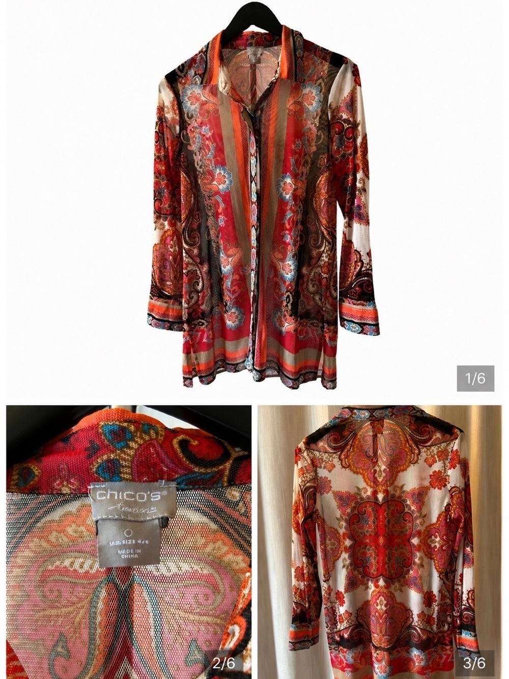 #0388 - Chico's Red, Orange Black Paisley Button-Front Casual Top Semi-Sheer